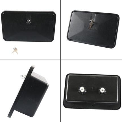 A black rectangular plastic lock box shown from multiple angles on a white background, with a small key visible in one view.