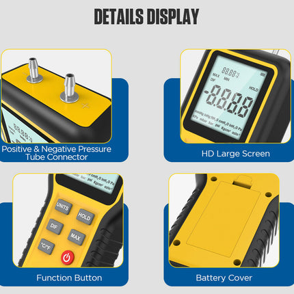 A product details display graphic showing four close-up views of a yellow and black handheld device: a positive and negative pressure tube connector, an HD large screen display, a function button, and a battery cover, with the heading 'DETAILS DISPLAY' on a light gray background.
