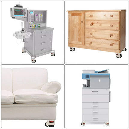 Four images: medical device, wooden cabinet, white sofa, and printer on a white background