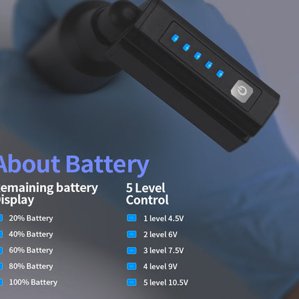 Battery level display with blue indicator lights held by a gloved hand on a dark background