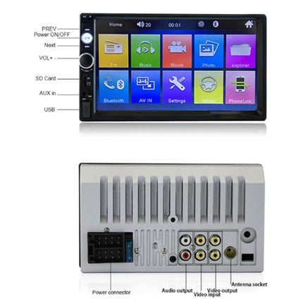 Car multimedia system with touchscreen display and rear panel with connectors on a white background