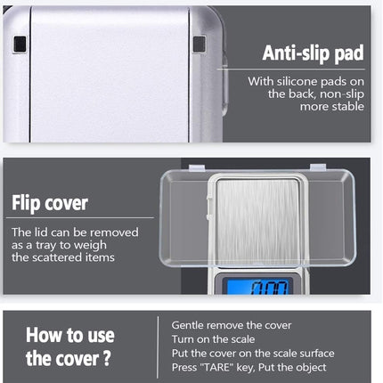 Digital kitchen scale with anti-slip pad and flip cover features on a gray background