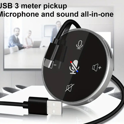 USB 3 meter pickup microphone and sound all-in-one device with a blurred office background