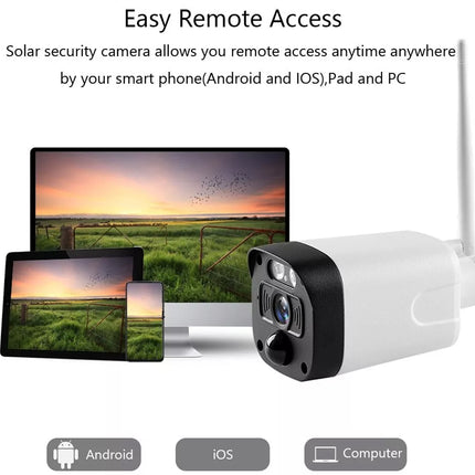 Solar security camera with remote access feature displayed on screens and text indicating compatibility with Android, iOS, and PC.