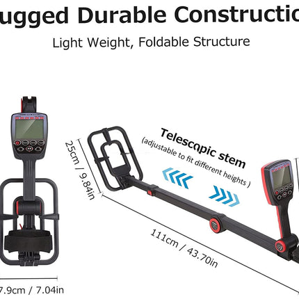 Measurement chart of a light weight, foldable metal detector with telescopic stem on a white background.