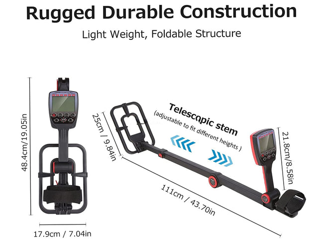 Measurement chart of a light weight, foldable metal detector with telescopic stem on a white background.