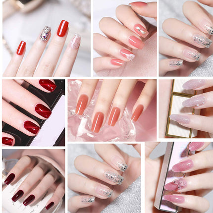 A 3x3 collage showing multiple close-up views of fingernails in different styles and colors, including glossy red, nude pink, clear with silver glitter, and dark burgundy. Some panels show hands holding nail wraps or a nail kit.