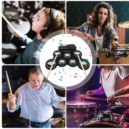 Collage of people playing drums with a central focus on drumming accessories.