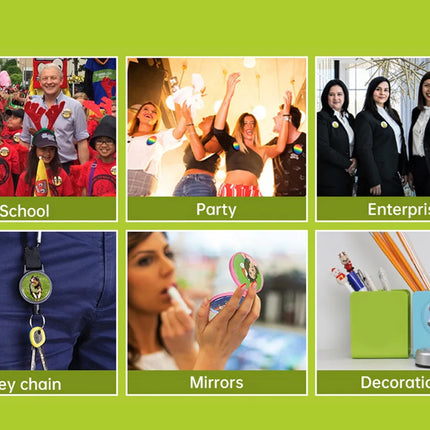 Collage of images labeled 'School', 'Party', 'Enterprise', 'Key chain', 'Mirrors', and 'Decorations' on a green background.