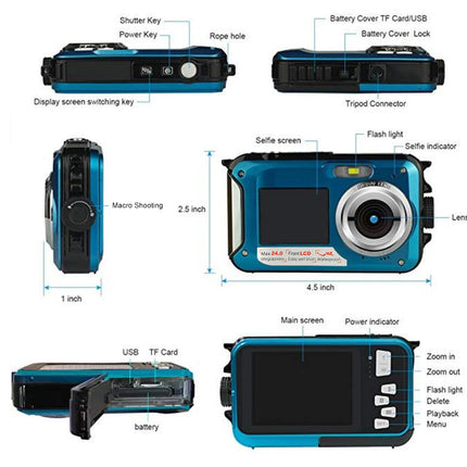 Diagram of a blue digital camera with labeled parts on a white background