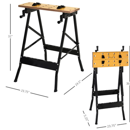 Wooden workbench with dimensions labeled on a white background