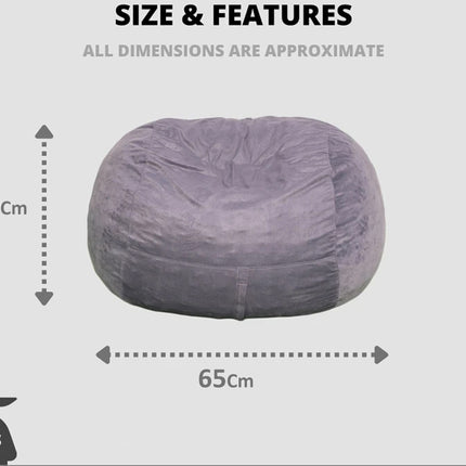 Gray bean bag chair with dimensions and weight displayed on a light gray background