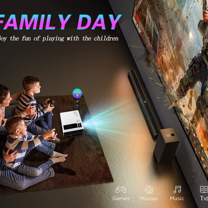 Family watching a movie on a large screen with text 'FAMILY DAY' and 'Enjoy the fun of playing with the children'.