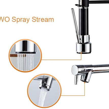 Chrome kitchen faucet with two spray stream features on a white background
