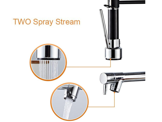 Chrome kitchen faucet with two spray stream features on a white background