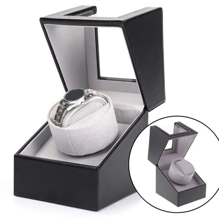 White smartwatch in a black open box with a close-up inset on a white background