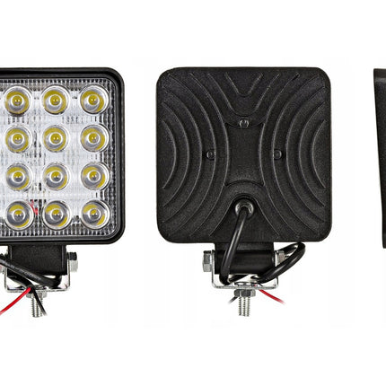 Three different views of a black LED work light on a white background
