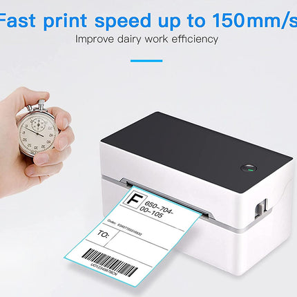 Handheld printer with a label and stopwatch, emphasizing fast print speed, on a light gray background.