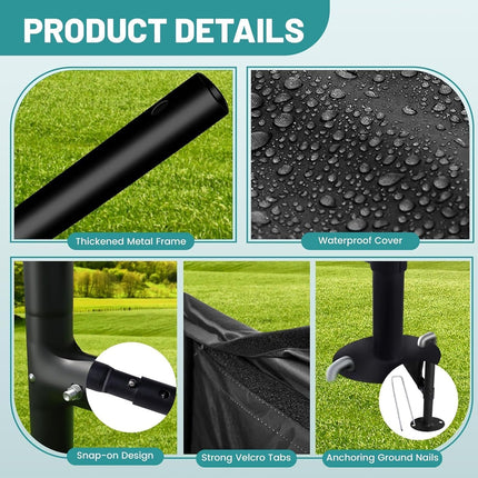Product details of a black outdoor cover with metal frame on a grassy background