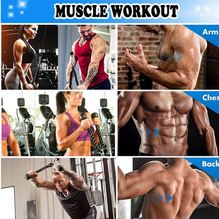 A fitness collage titled 'MUSCLE WORKOUT' showing multiple photos of people exercising and close-up views of muscle groups labeled Arm, Chest, and Back, with blue arrow graphics indicating target areas.