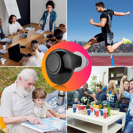 Collage of people in various settings with a central focus on a black wireless earbud.