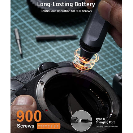 Camera lens with screwdriver and text about long-lasting battery and screw capacity.