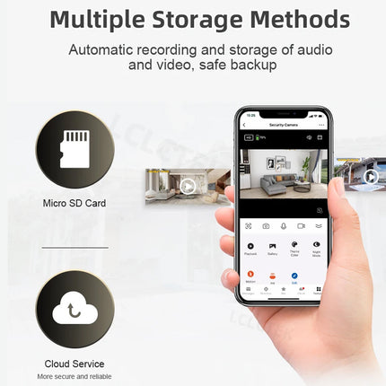 Smart home security system with smartphone app and storage methods on a white background