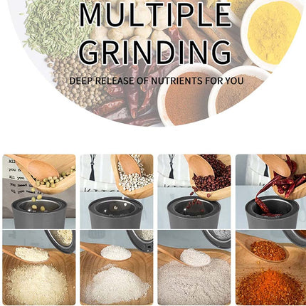 Collage of grinding spices and herbs with text about multiple grinding and nutrient release.