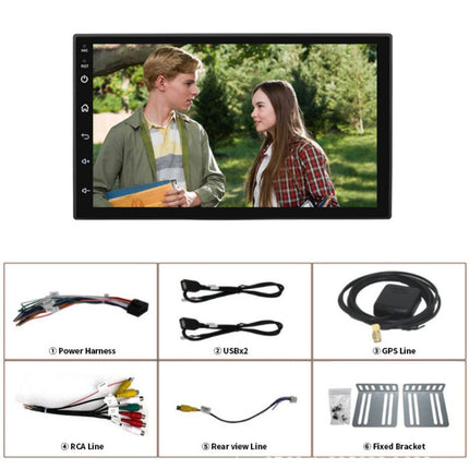 Car multimedia system with screen displaying two people, surrounded by various cables and brackets on a white background.