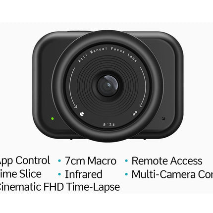 Camera lens with features listed on a white background