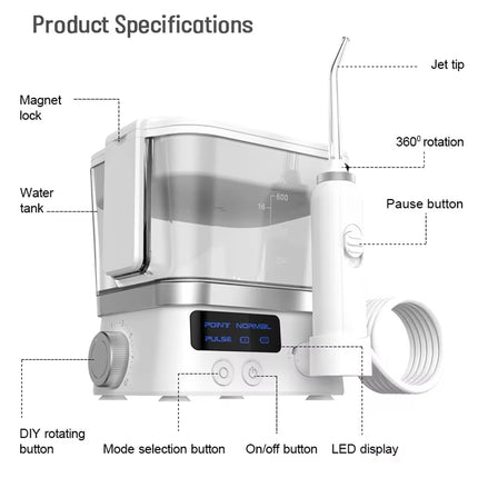 Product specifications diagram for a white and silver water flosser, showing labeled parts such as the water tank, magnet lock, jet tip, 360° rotation, pause button, LED display, and control buttons on a white background.