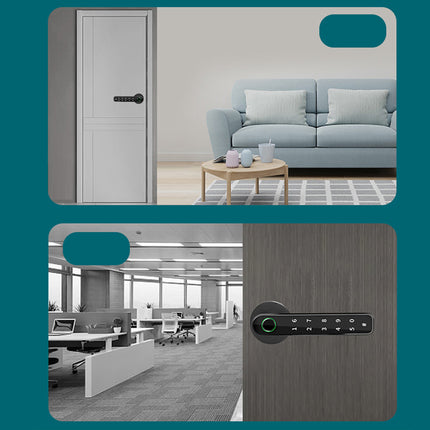Collage of a door with a lock, a living room with a sofa, and an office with a desk.