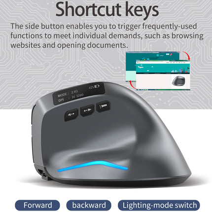 Gray ergonomic mouse with shortcut keys on a gray background