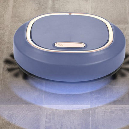 Blue robotic vacuum cleaner on a tiled floor