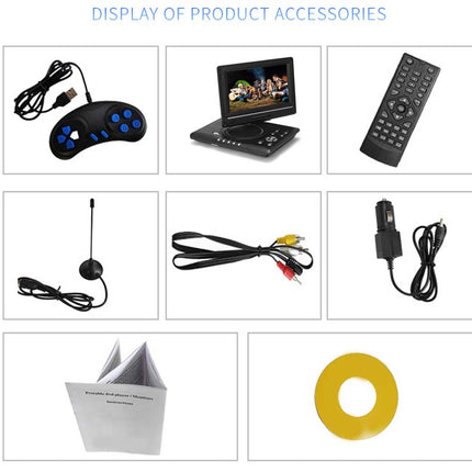 Display of product accessories including a controller, monitor, remote control, cable, and more on a white background.