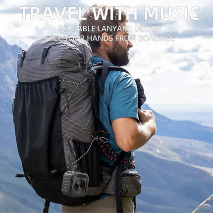 Man with a large backpack in a mountainous landscape with text about travel and music.
