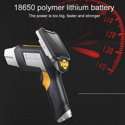Handheld device with a digital display on a black background, featuring text about 18650 polymer lithium battery.