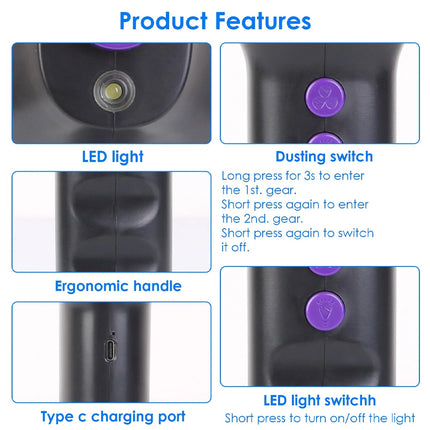Product features including LED light, dusting switch, ergonomic handle, and Type C charging port on a white background.