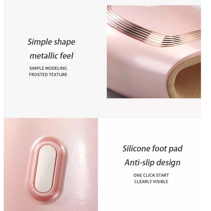 A product detail graphic showing a pink frosted electric heating pad with text callouts: 'Simple shape metallic feel' and 'Silicone foot pad Anti-slip design,' plus close-up inset photos of the metallic pink surface and the oval foot pad.