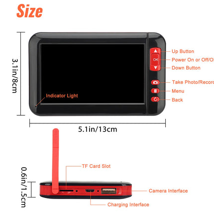 A product size diagram showing a small black-and-red digital camera from two angles with labeled dimensions and feature callouts, including a 5.1-inch screen, up button, down button, indicator light, TF card slot, camera interface, and charging interface.