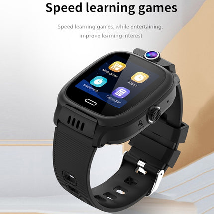 A black smartwatch with a textured strap and colorful screen icons, shown at an angle on a light beige and white background with promotional text at the top.