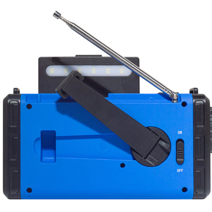 A blue and black portable emergency radio with an extended silver antenna, shown from the back against a white background.