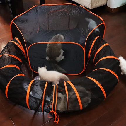 A black cat tunnel playpen with bright orange trim, set on a dark wood floor with several cats inside and around it.