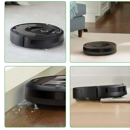 Collage of a robot vacuum cleaner cleaning different surfaces in a home setting.