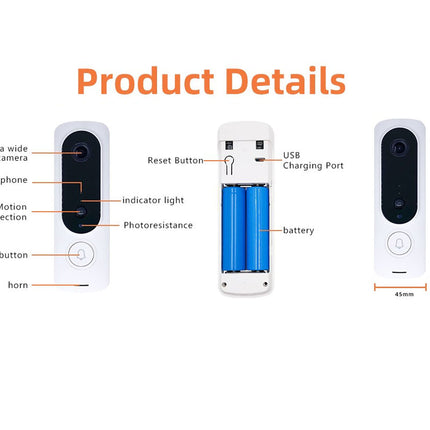Product details diagram showing a white smart doorbell with call and motion detectors, labeled with features such as 135-degree ultra wide angle camera, microphone, PIR motion detection, photoresistance, reset button, USB charging port, and battery compartment. The diagram includes front and back views with dimension annotations.