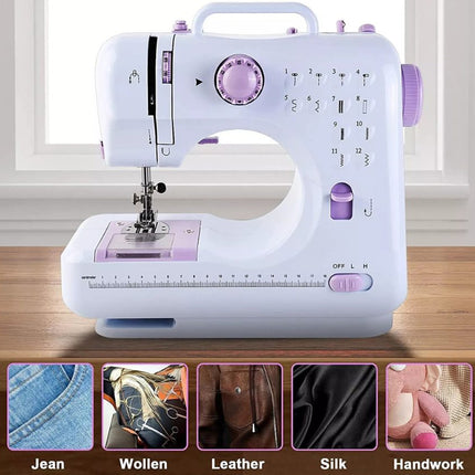White and purple sewing machine on a wooden table with fabric types displayed below.