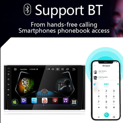 Car multimedia system with smartphone app interface, Bluetooth support text, and user interface elements.