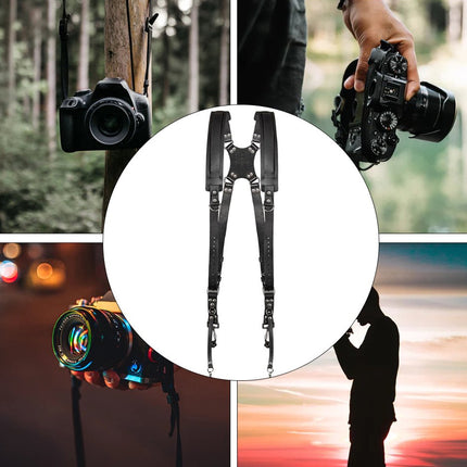 Camera straps displayed with camera equipment in various settings