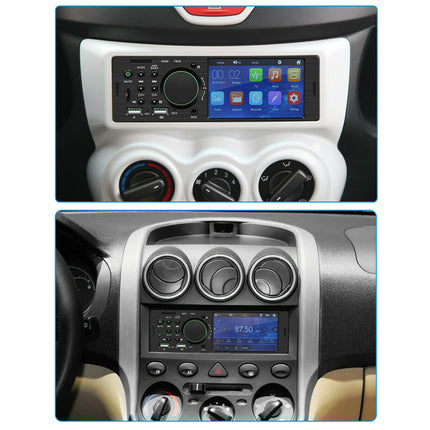 A two-panel comparison showing a car stereo inverter installation on a dashboard. The top panel shows the installed black stereo unit with a colorful touchscreen display integrated into a white and black console.
