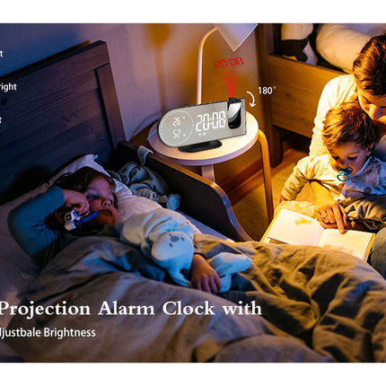 6 in 1 Digital Alarm Clock with 180° Projector FM Radio USB Charger Temperature Humidity Monitor Dual Alarm 7 Inch LED Display